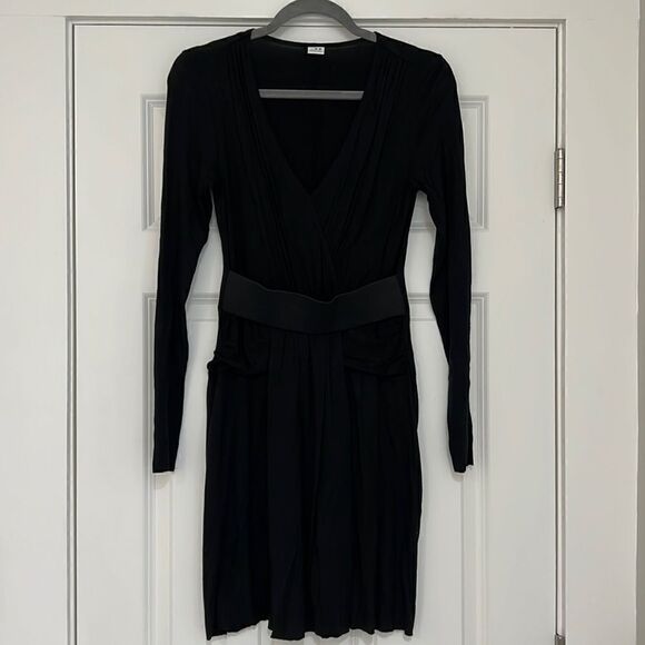 Three Dots Belted Drape Front Black Maxi Dress - S - Picture 1 of 8